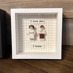 CUTE Han Solo and Princess Leia "I Love You" Lego minifigure shadow box