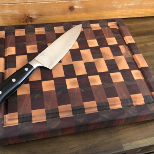walnut, maple, padeuk, zebrawood and cherry butcher block cutting board!